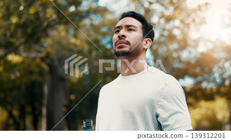 Man, fitness and thinking with water at park, serious and tired after workout or training in morning. Outdoor, athlete and person with drink in nature, reflection and cool down on break and low angle Man, fitness and thinking with water at park, serious and tired after workout or training in morning. Outdoor, athlete and person with drink in nature, reflection and cool down on break and low angle 139312201