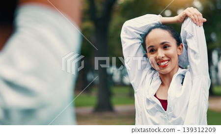 Stretching, woman and personal trainer in park with client, smile and beginning training for fitness. Happy, coach and people outdoor with warm up, wellness and getting ready for exercise together. 139312209