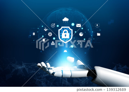 Futuristic Robot Hand Reaching Towards Digital Security Icons with Lock Symbol for Cybersecurity Concept Representation in Technology Environment Quark Futuristic Robot Hand Reaching Towards Digital Security Icons with Lock Symbol for Cybersecurity Concept Representation in Technology Environment Quark 139312689