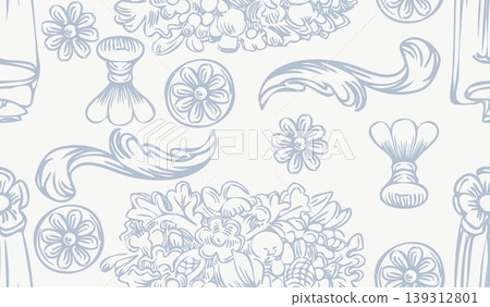 Seamless wallpaper pattern with hand drawing baroque ornaments blue Seamless wallpaper pattern with hand drawing baroque ornaments blue 139312801