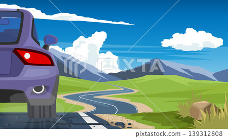 Rear view of purple car. Traveling of car on the asphalt road. Trip to travel on the hills to mountain. Under blue sky and white clouds. With copy space. Rear view of purple car. Traveling of car on the asphalt road. Trip to travel on the hills to mountain. Under blue sky and white clouds. With copy space. 139312808