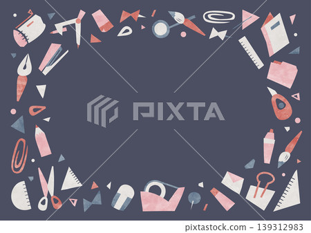 Stationery-themed paper-cut frame background, watercolor retro-pop illustration frame, navy blue. 139312983