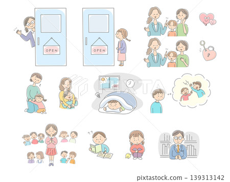 A set of illustrations depicting school counselors and troubled children. A set of illustrations depicting school counselors and troubled children. 139313142