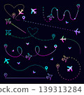Neon airplane path set, luminescent vector plane route collection, flight ways with destinations. Gradient ultra acid line and dotted signs, aircraft tracking in different variations 139313284