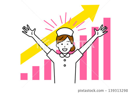 A female nurse celebrates with a cheer, showing an upward-sloping graph. 139313298