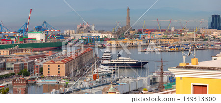 Cityscape with port and container terminal in Genoa Italy Cityscape with port and container terminal in Genoa Italy 139313300
