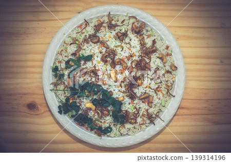 Basmati fried rice plate on a table top view 139314196