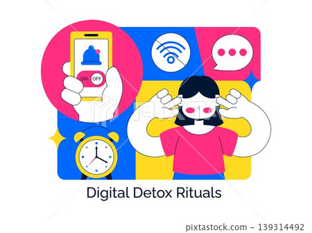 Digital Detox Rituals Vector Illustration Screen Time Reduction Mindful Habits Offline Lifestyle Smartphone Disconnection Wellness Routine Design Digital Detox Rituals Vector Illustration Screen Time Reduction Mindful Habits Offline Lifestyle Smartphone Disconnection Wellness Routine Design 139314492