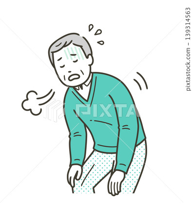 An elderly man who is out of breath and taking a deep breath 139314563