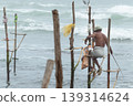 Old stilt fisherman with his wooden rod facing back to camera angel, fishing in a traditional unique method in Sri Lankan culture, sunny bright evening on the beach. 139314624