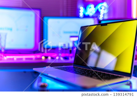 A modern laptop with neon lights. 139314791