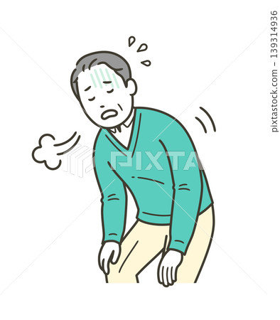 An illustration of the upper body of a middle-aged man taking deep breaths due to shortness of breath. An illustration of the upper body of a middle-aged man taking deep breaths due to shortness of breath. 139314936
