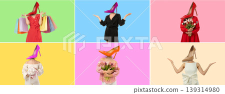 Women's day collage with different women on color backgrounds Women's day collage with different women on color backgrounds 139314980