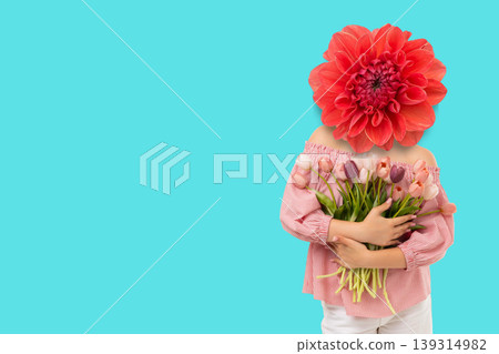 Woman with bouquet and with a flower instead head Woman with bouquet and with a flower instead head 139314982