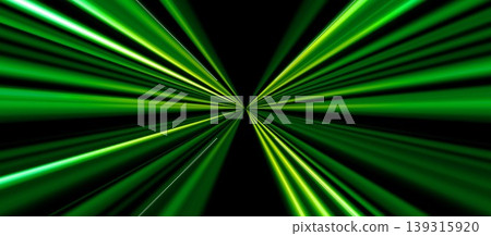 A symmetrical neon green beam of light radiates from the center against a black background. A symmetrical neon green beam of light radiates from the center against a black background. 139315920