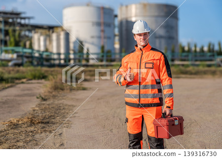 Caucasian Male Industrial Worker in White Hard Hat Giving Thumbs Up at Chemical Plant with Red Toolbox Caucasian Male Industrial Worker in White Hard Hat Giving Thumbs Up at Chemical Plant with Red Toolbox 139316730