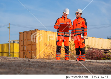 Two Caucasian Male Professional Engineers Reviewing Project Plans on Clipboard at Industrial Site with Tablet Two Caucasian Male Professional Engineers Reviewing Project Plans on Clipboard at Industrial Site with Tablet 139316731
