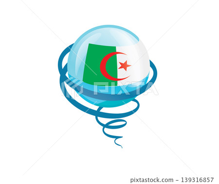 Stylish international icon showcasing Algerian flag within reflective globe design 139316857