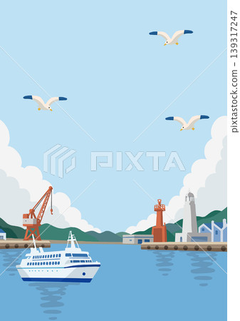 夏季港口和燈塔景觀橫幅插圖（清新的海洋和船舶向量設計） 139317247