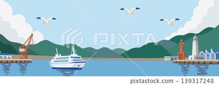 Summer harbor and lighthouse landscape banner illustration (refreshing vector design of the sea and ships) Summer harbor and lighthouse landscape banner illustration (refreshing vector design of the sea and ships) 139317248