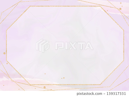 Elegant geometric gold frame on soft pastel marble purple background with glitter accents 139317331