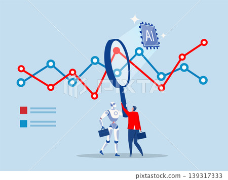 technology for stock market trades and financial analysis Artificial intelligence in financial trading featuring a robot analyzing charts alongside a human investor and dollar coins. 139317333