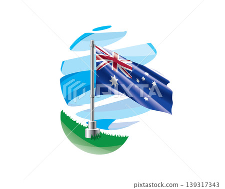 Australian flag on a green lawn against a background of blue abstract sky Australian flag on a green lawn against a background of blue abstract sky 139317343