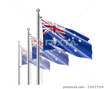 Brightly shining Australian flags wave proudly on tall masts during official celebration events 139317354