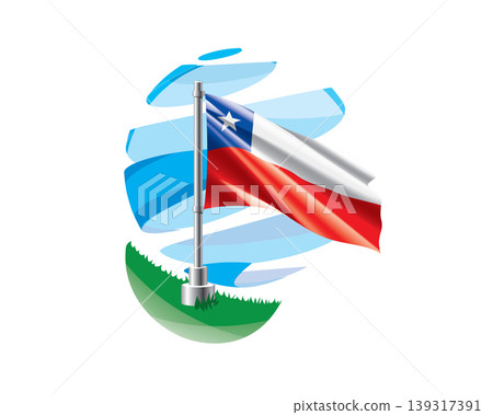 Chilean flag on a green lawn against a background of blue abstract sky Chilean flag on a green lawn against a background of blue abstract sky 139317391