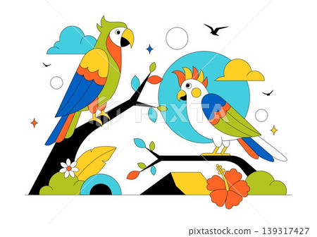 Colorful Tropical Bird Vector Illustration Featuring Exotic Wildlife Perched on Branches in a Natural Scene with Flat Design Style 139317427