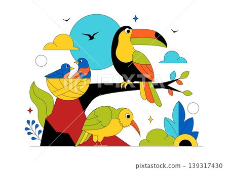 Colorful Tropical Bird Vector Illustration Featuring Exotic Wildlife Perched on Branches in a Natural Scene with Flat Design Style 139317430