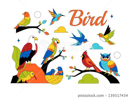 Colorful Tropical Bird Vector Illustration Featuring Exotic Wildlife Perched on Branches in a Natural Scene with Flat Design Style 139317434