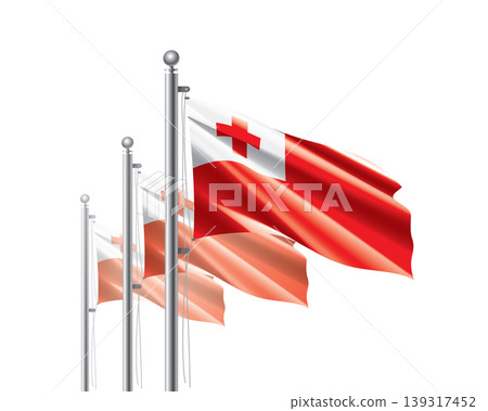Brightly shining Tonga flags wave proudly on tall masts during official celebration events Brightly shining Tonga flags wave proudly on tall masts during official celebration events 139317452