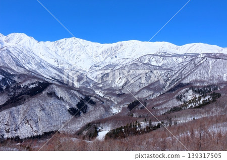 三月從白馬岩嶽山頂眺望北阿爾卑斯山脈;信州山脈;白雪皚皚的北阿爾卑斯山脈 三月從白馬岩嶽山頂眺望北阿爾卑斯山脈;信州山脈;白雪皚皚的北阿爾卑斯山脈 139317505