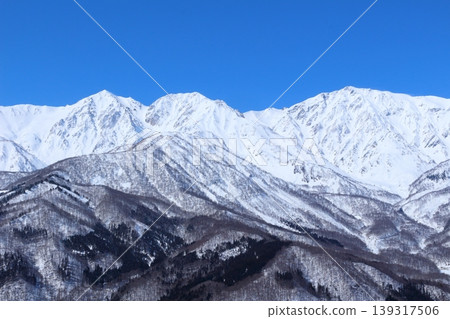 View of the Northern Alps from the summit of Mt. Iwatake in Hakuba in March; Mountains of Shinshu; Snow-capped Northern Alps View of the Northern Alps from the summit of Mt. Iwatake in Hakuba in March; Mountains of Shinshu; Snow-capped Northern Alps 139317506