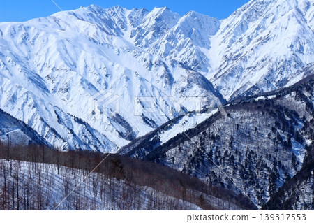 三月從白馬岩嶽山頂眺望北阿爾卑斯山脈；信州山脈；白雪皚皚的北阿爾卑斯山脈 139317553