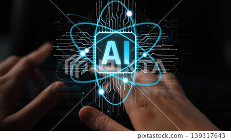 Visual representation of hands interacting with an artificial intelligence symbol against a digital backdrop, showcasing the blend of technology and human engagement in modern innovation. Sigmoid Visual representation of hands interacting with an artificial intelligence symbol against a digital backdrop, showcasing the blend of technology and human engagement in modern innovation. Sigmoid 139317643