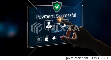 A close-up of a hand interacting with a digital screen displaying a "Payment Successful" message, showcasing modern payment technology and secure transaction processes. Sigmoid A close-up of a hand interacting with a digital screen displaying a "Payment Successful" message, showcasing modern payment technology and secure transaction processes. Sigmoid 139317661