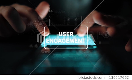 Hands Engaging with Smartphone Display Focused on User Engagement Sign in Dark Environment. Asymptotic smart data analytic 139317662