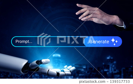 Human Hand Reaching Out to Robotic Hand in Digital Interaction Against a Dark Background with Futuristic Elements Gantry 139317733