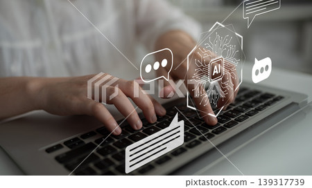 User interacting with computer keyboard, utilizing artificial intelligence graphics, chat bubbles, and modern digital communication concepts for technology themes Gantry User interacting with computer keyboard, utilizing artificial intelligence graphics, chat bubbles, and modern digital communication concepts for technology themes Gantry 139317739