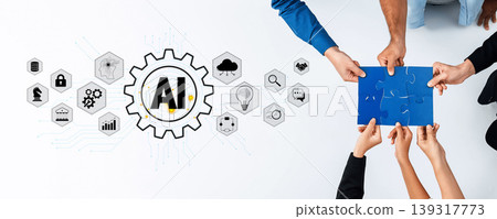 Collaborative Hands Assembling Puzzle Piece with AI Concept and Technology Icons Representing Data Analytics and Digital Innovation on White Background Quark 139317773