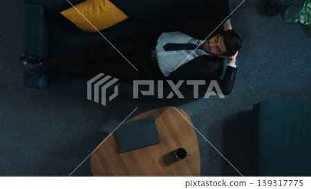 Top view of business man working om laptop while lying on sofa. Directorate. 139317775