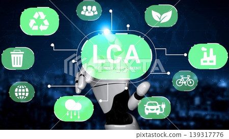 Futuristic Robot Hand with Icons Representing Life Cycle Assessment for Sustainable Practices and Eco-Friendly Innovations in a Digital Environment Gluon Futuristic Robot Hand with Icons Representing Life Cycle Assessment for Sustainable Practices and Eco-Friendly Innovations in a Digital Environment Gluon 139317776