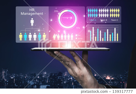 Futuristic HR Management Data Visualization on Digital Tablet with Vibrant Graphics and Cityscape Background Ledger Futuristic HR Management Data Visualization on Digital Tablet with Vibrant Graphics and Cityscape Background Ledger 139317777