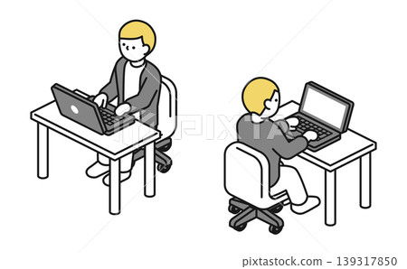 等距插圖:一名男子在辦公桌前使用電腦(辦公室休閒服) 等距插圖:一名男子在辦公桌前使用電腦(辦公室休閒服) 139317850