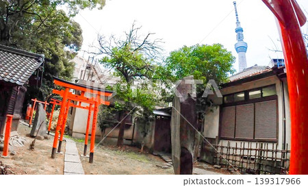 東京、東京晴空塔和目巡神社的朱紅色鳥居 東京、東京晴空塔和目巡神社的朱紅色鳥居 139317966