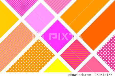 Geometric patterns: squares, triangles, dots, stripes, grids, pink, orange Geometric patterns: squares, triangles, dots, stripes, grids, pink, orange 139318166