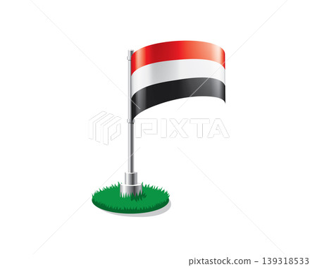 Yemeni flag on a flagpole mounted on the grass Yemeni flag on a flagpole mounted on the grass 139318533