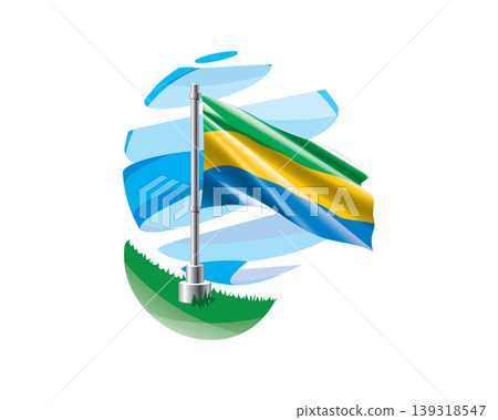 Gabonese flag on a green lawn against a background of blue abstract sky Gabonese flag on a green lawn against a background of blue abstract sky 139318547
